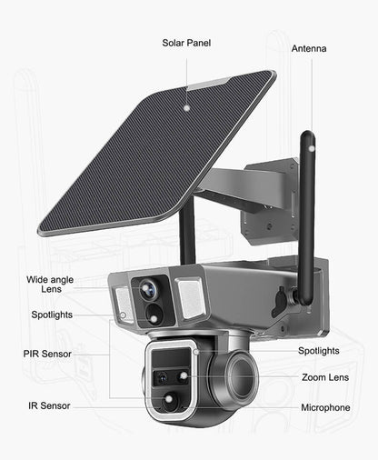 Solar Power Triple-lens 10X Zoom 4MP Wifi/4G Smart PTZ Cameras