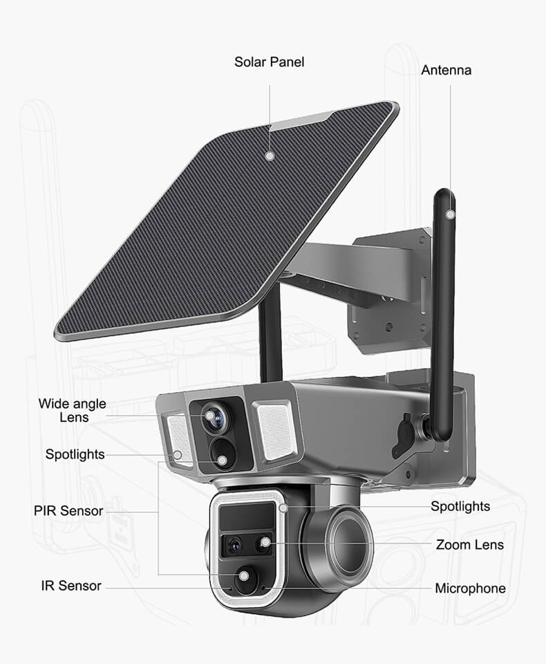 Solar Power Triple-lens 10X Zoom 4MP Wifi/4G Smart PTZ Cameras