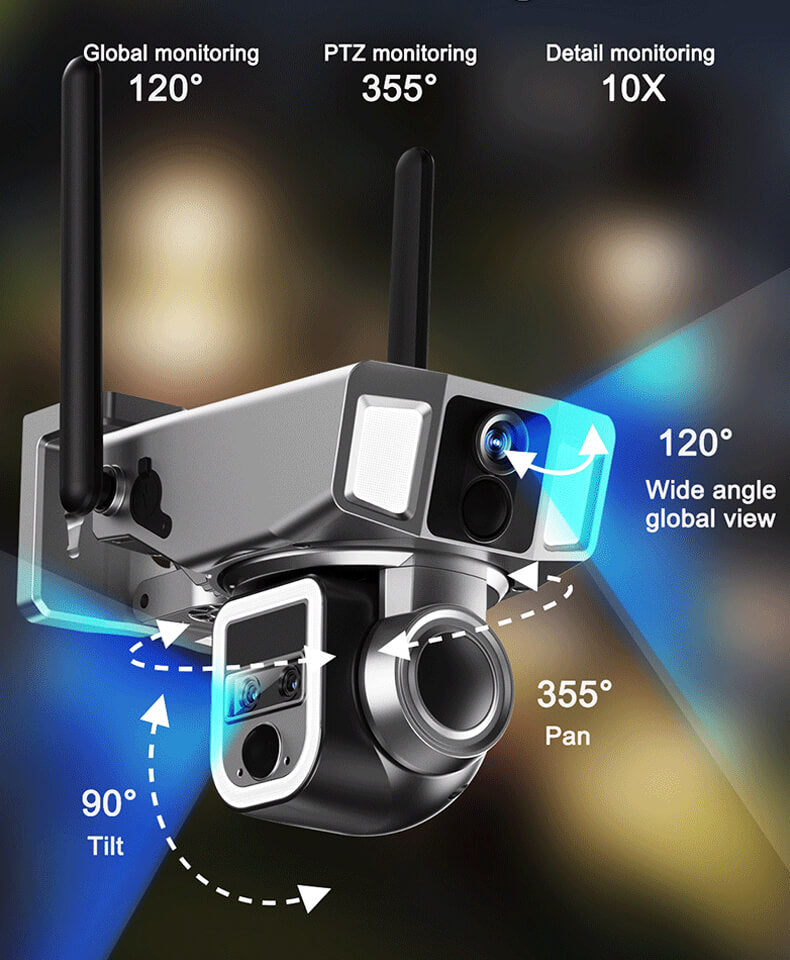 Solar Power Triple-lens 10X Zoom 4MP Wifi/4G Smart PTZ Cameras